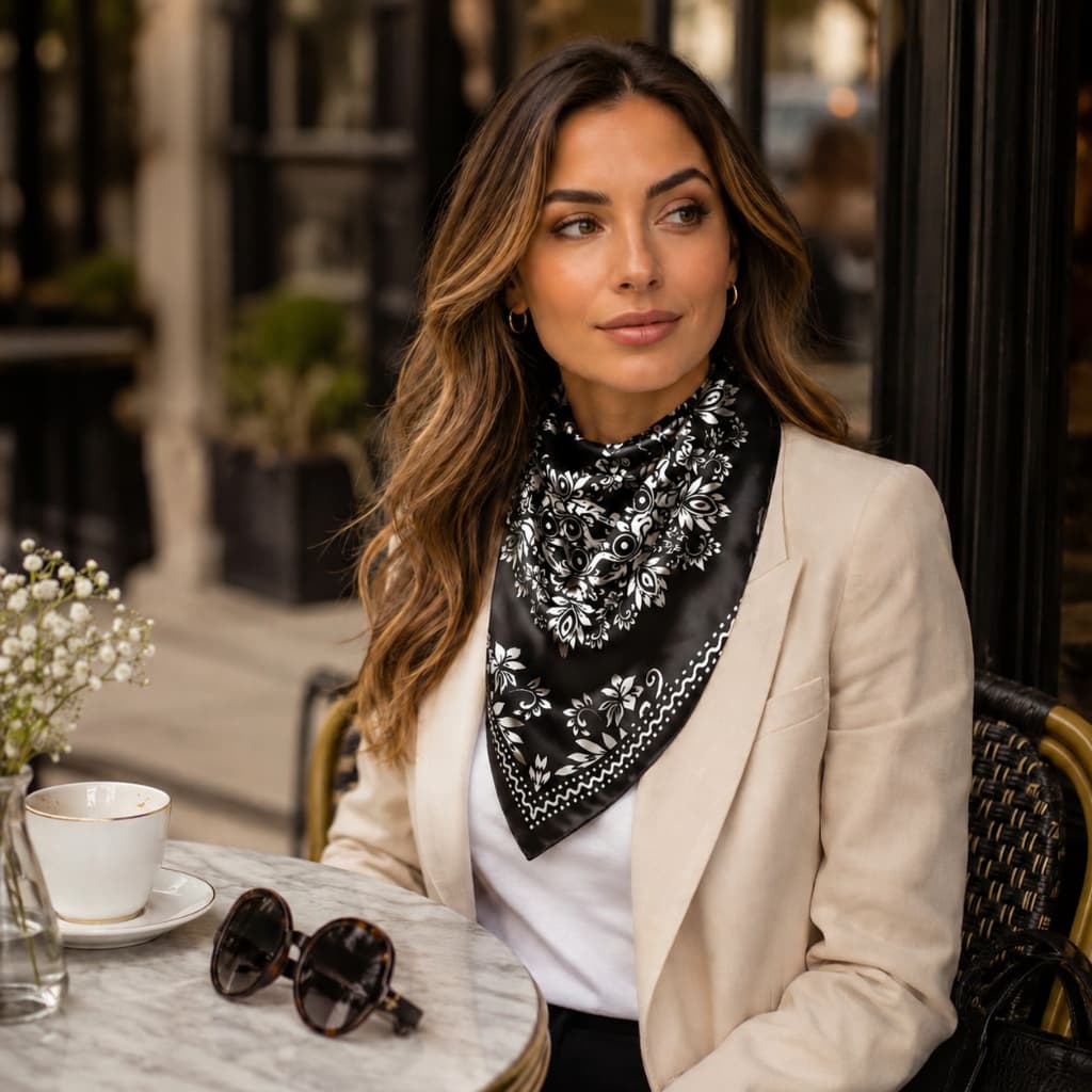 Lenço de Cetim Feminino Arabesco Preto e Branco 90x 90 cm  Corte a Laser Macio e Brilhoso Elegante para Pescoço Cabelo