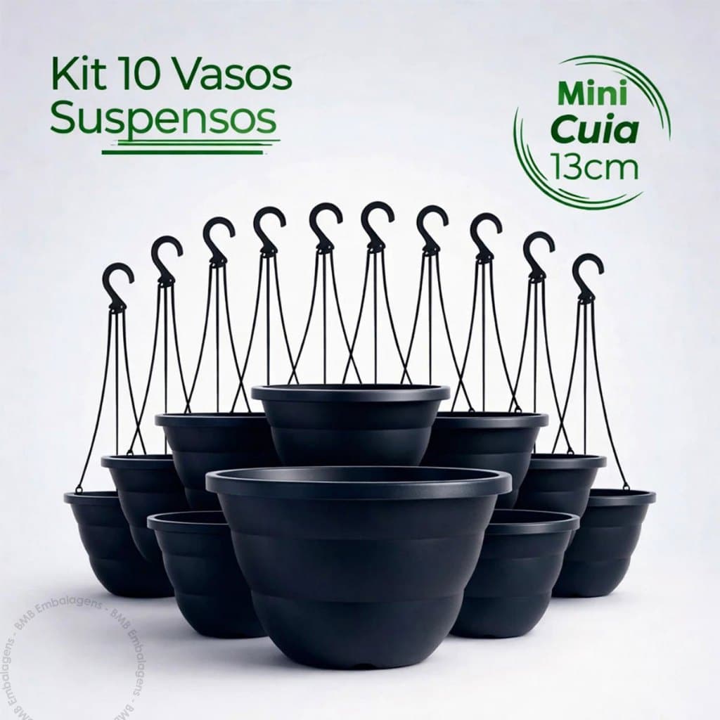Kit 10 Vasos cuia 13 500ml + Haste Alça Preto para Plantas Pendente Cactos Suculentas Samambaia Decoração Casa Jardim
