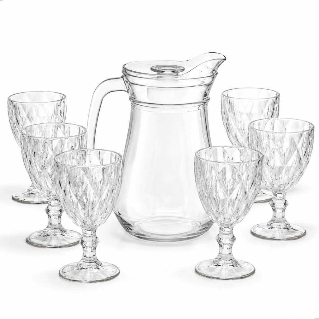 Kit Jarra De Vidro 1,6L Com Tampa + 6 Taças Diamante 340ml Para Água Suco Mesa Posta