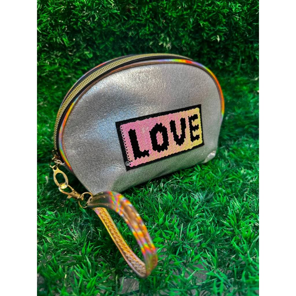 Necessaire Feminina Holográfica Porta Maquiagem Bolsa Organizadora com Alça e Paetê Reversível LOVE Necessaire de Viagem