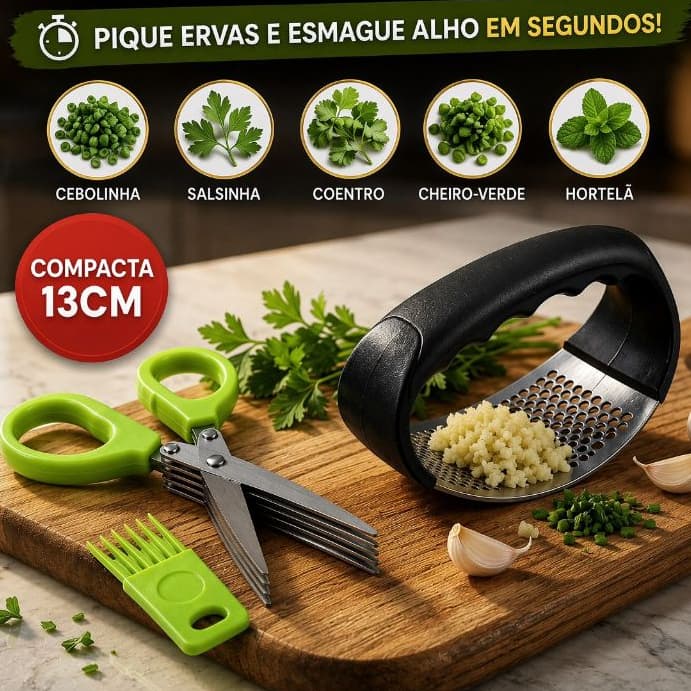 Kit Espremedor e Descascador Tesoura  5 Lamina Para Picar Descascar Alho Salsa Cebolinha