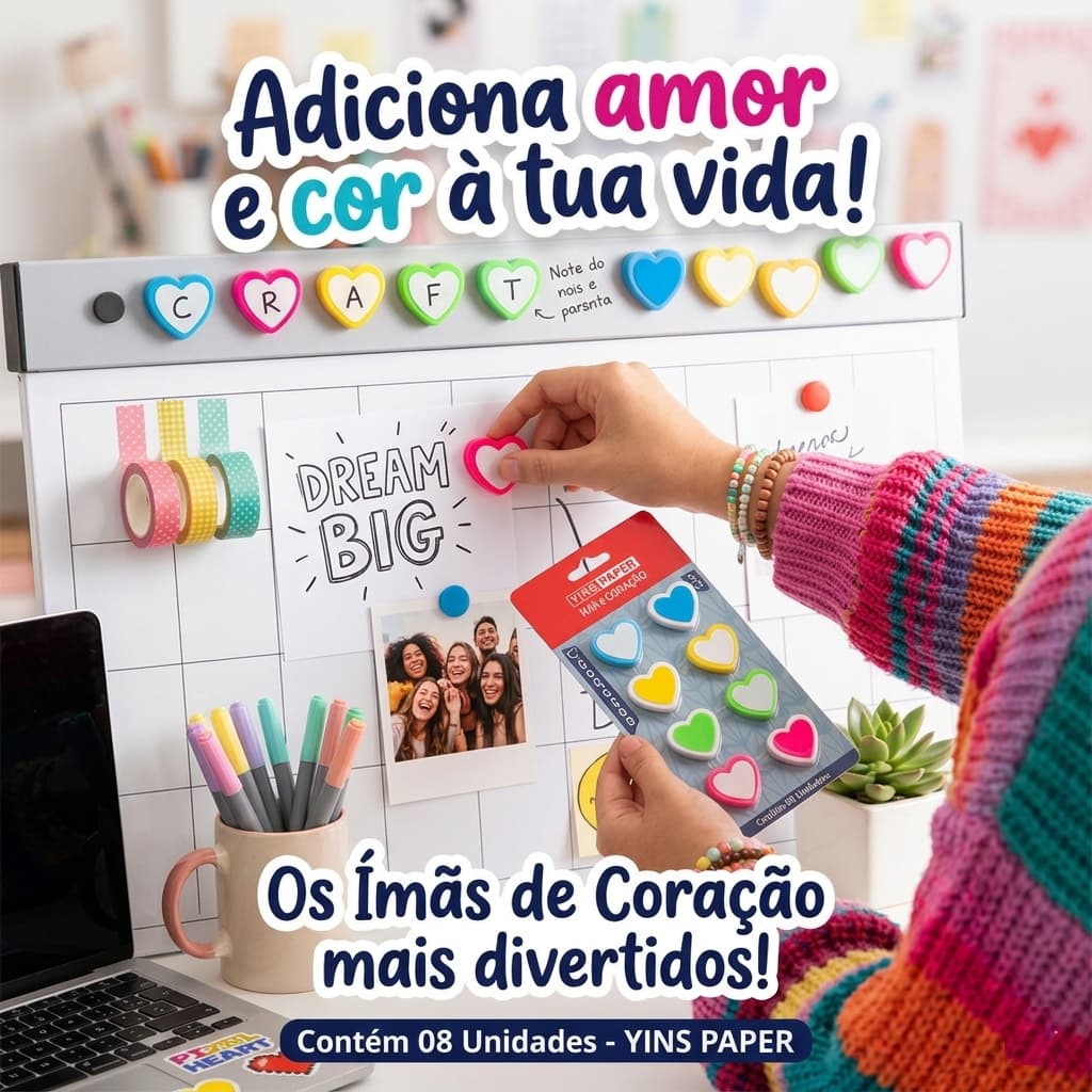 Ímã Colorido em Formato de Coração Yin's Paper (Cartela com 8 Unidades)