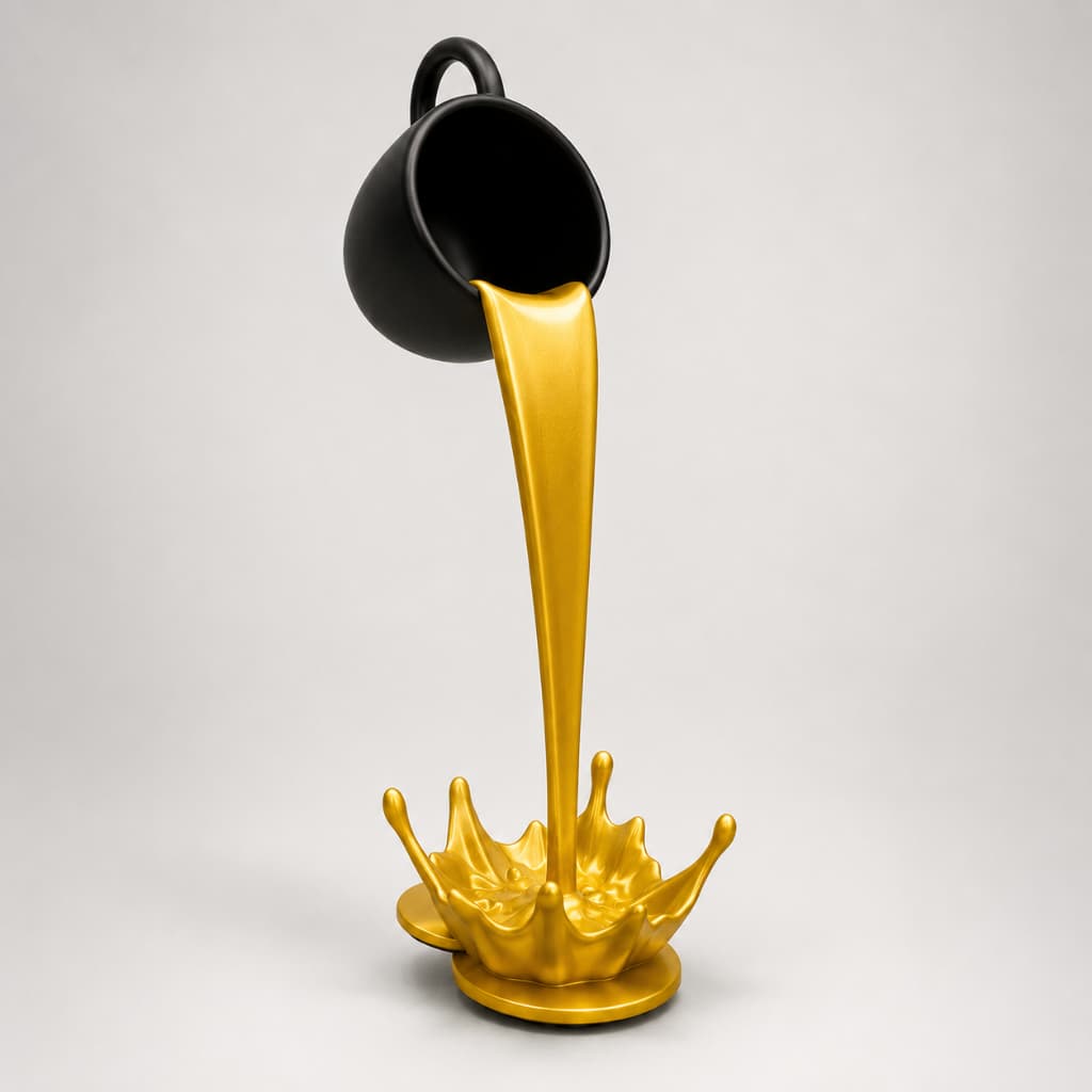 Xícara Flutuante Decorativa 31cm – Escultura Café Derramando em Impressão 3D Criativa para Cantinho do Café