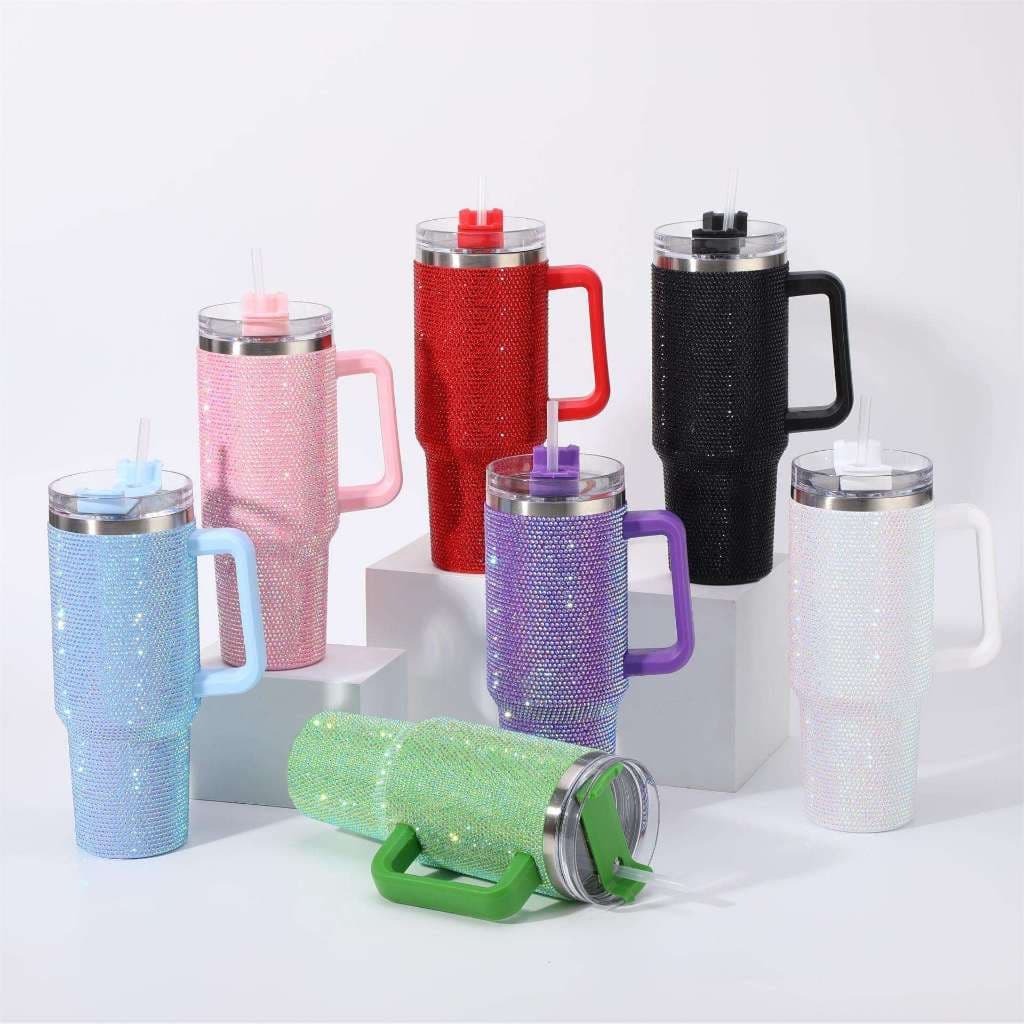 Garrafa Térmica 1200ml com Strass Brilhante, Alça e Canudo de Metal – Copo Inox com Tampa Portátil