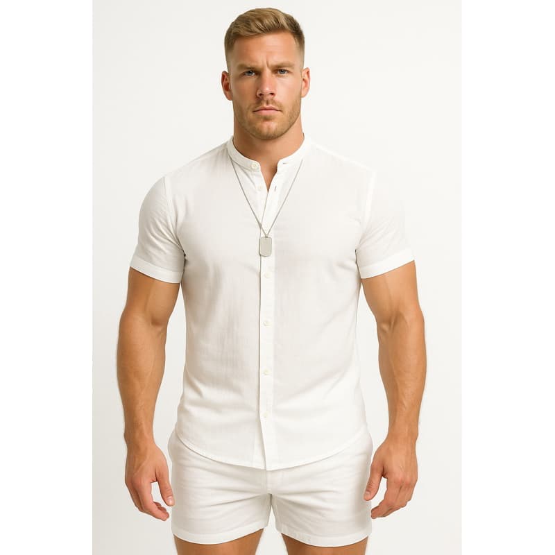 Conjunto camisa e short gola padre liso viscolinho premium luxo verão