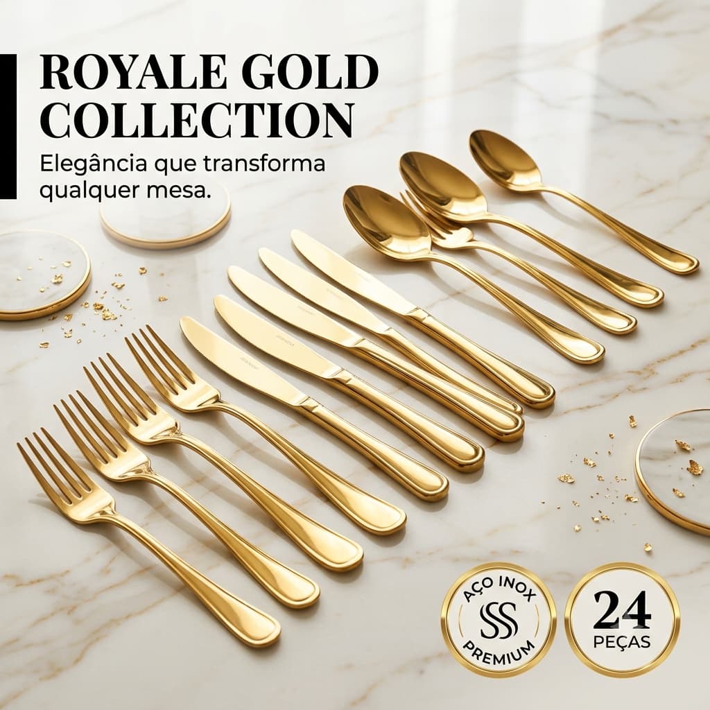 Conjunto de Talheres Dourado 24 Peças Aço Inox Royale Gold Collection Luxo Mesa Posta