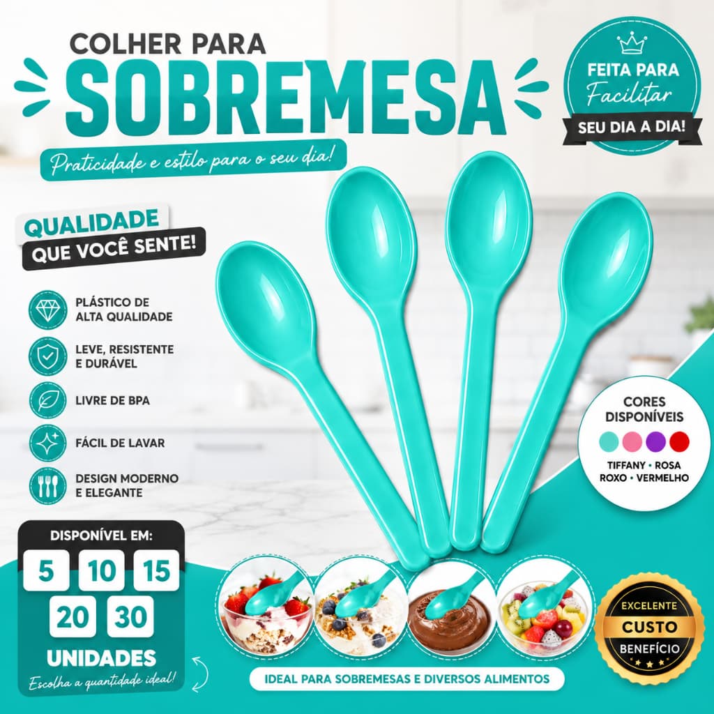 Kit Colheres Reutilizáveis de Plástico Resistente Escolar Sobremesa Festa Infantil Até 30 Peças
