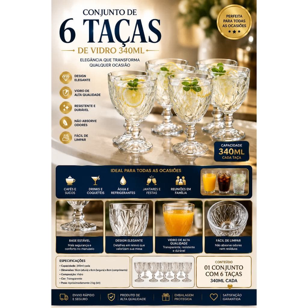 Conjunto 6 Taças de Vidro 340ml – Elegância e Sofisticação para Sua Mesa