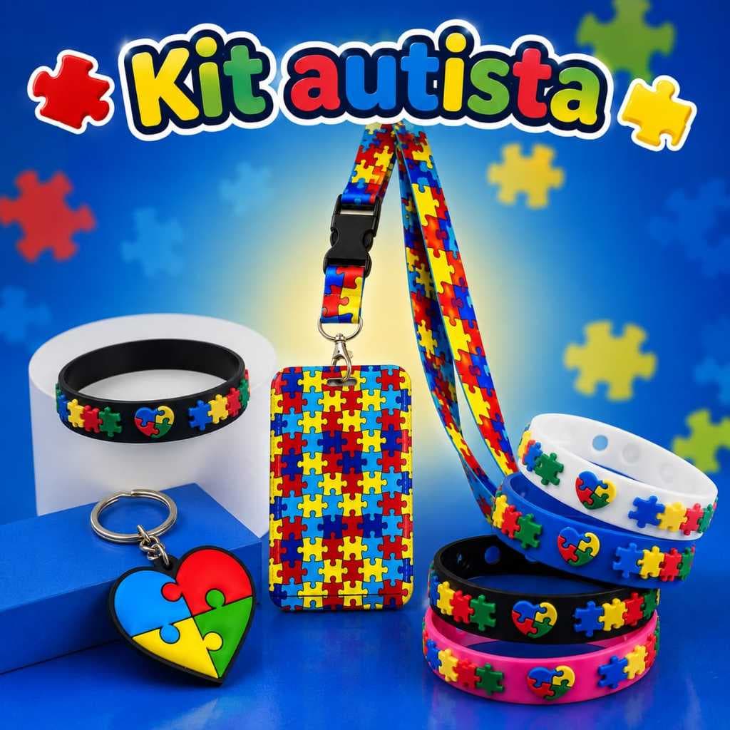 Crachá ou Kit Autista Completo Crachá Cordão Pulseiras e Chaveiro Colorido Tema Quebra-Cabeça