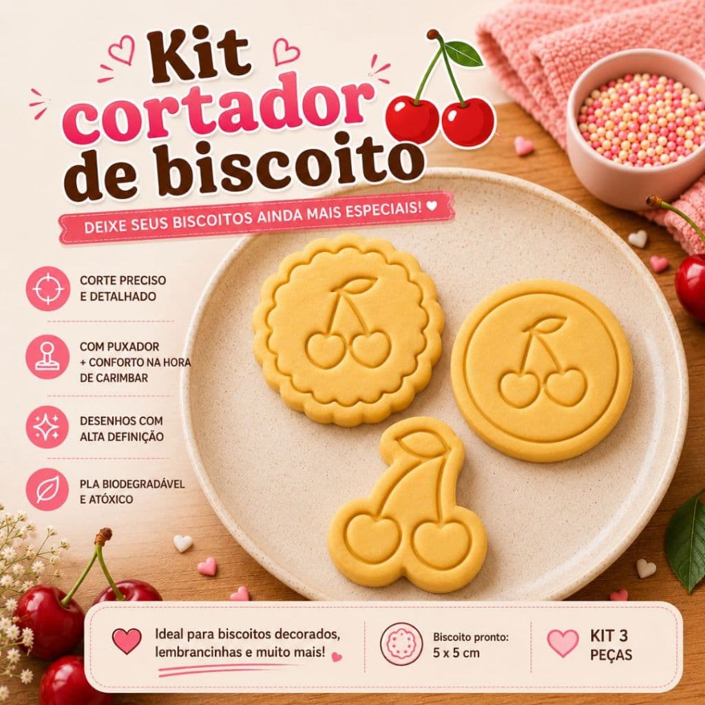 Kit 3 Cortadores Cereja + 3 Carimbos -Biscoito, Fondant, Biscuit, Massa de Modelar,Pasta Americana.