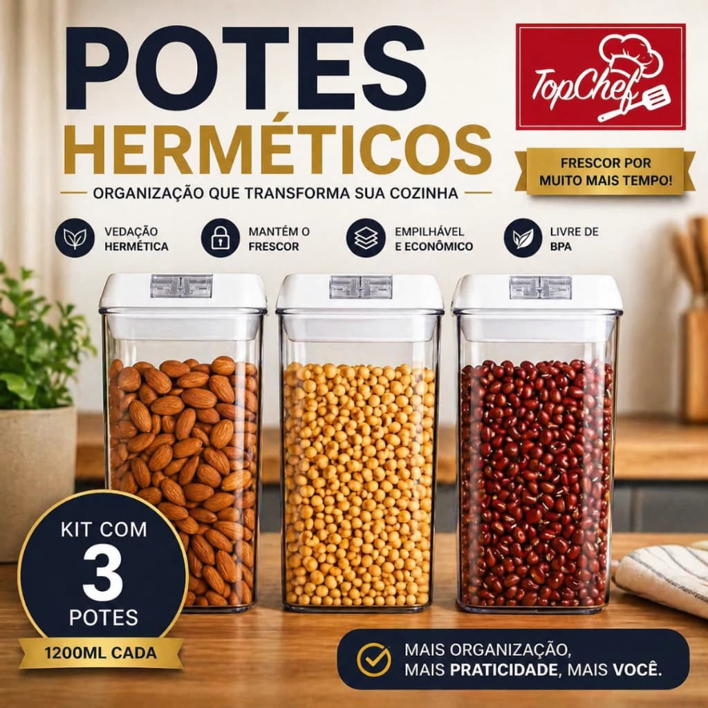 kit 3 potes Herméticos mantimentos cozinha organizada tampa vedação