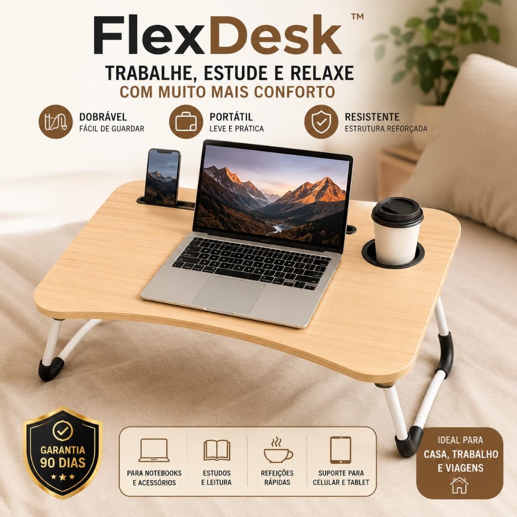 Mesa Portátil Dobrável para Notebook FlexDesk Suporte Celular Porta Copo Home Office Cama Sofá