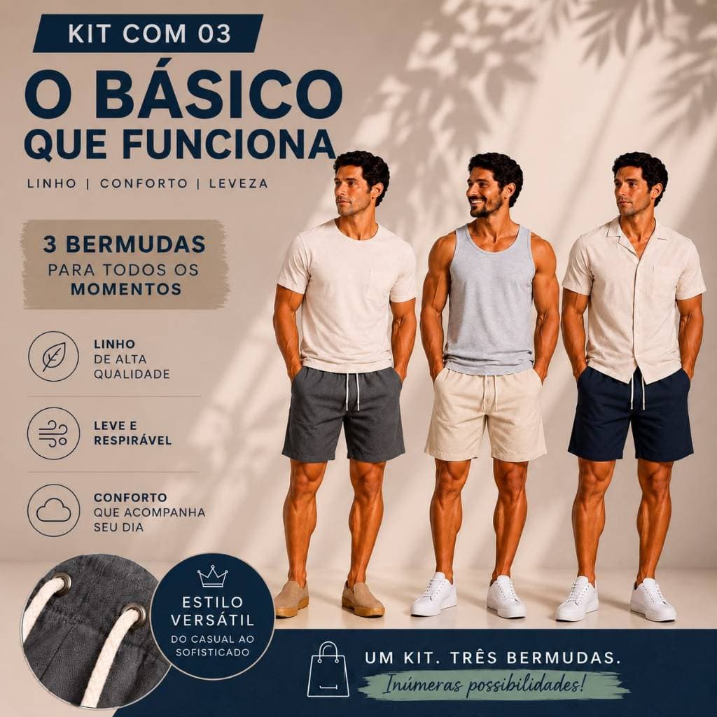 Kit 3 Bermuda Linho Masculina Premium Short Mauricinho Básica Casual Verão