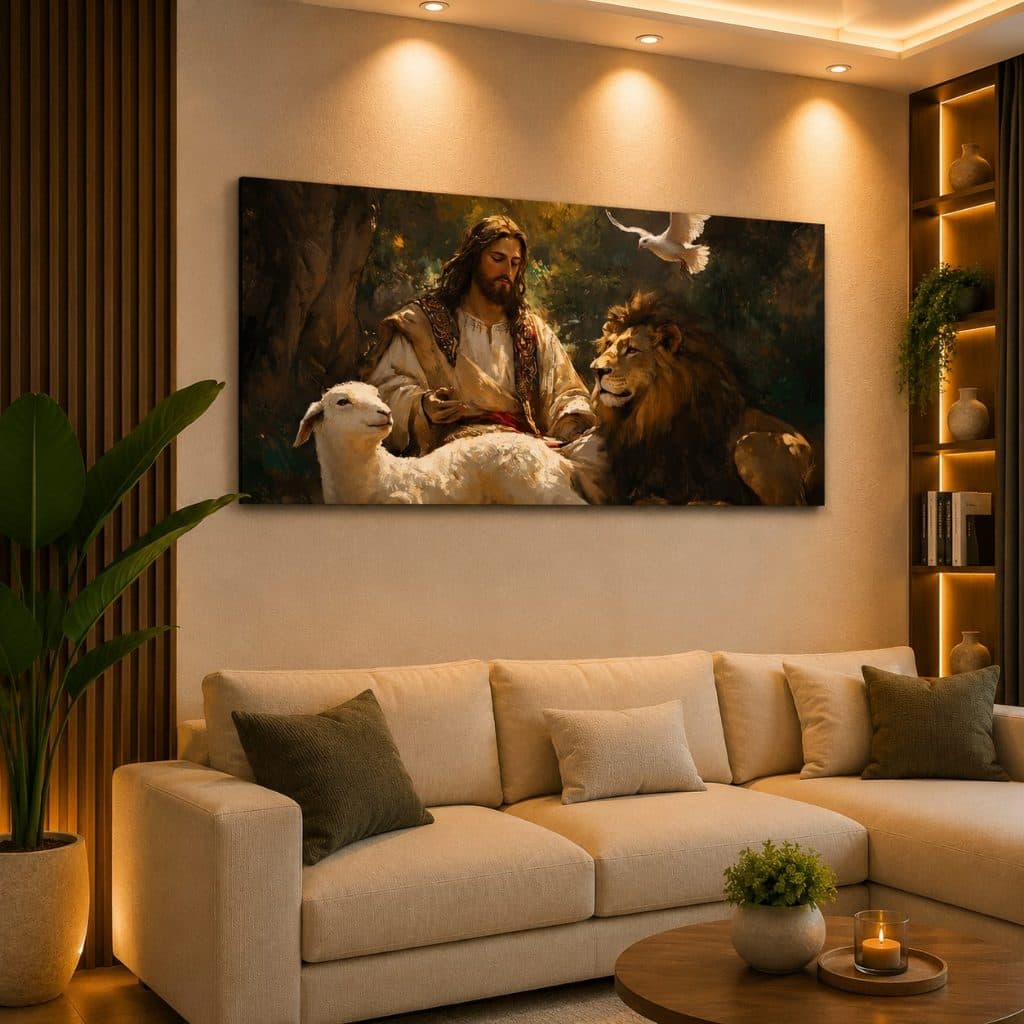 Quadro Decorativo Jesus Pastor Animais 80x110cm Decoração de Parede Hall Luxo Sala Quarto MDF