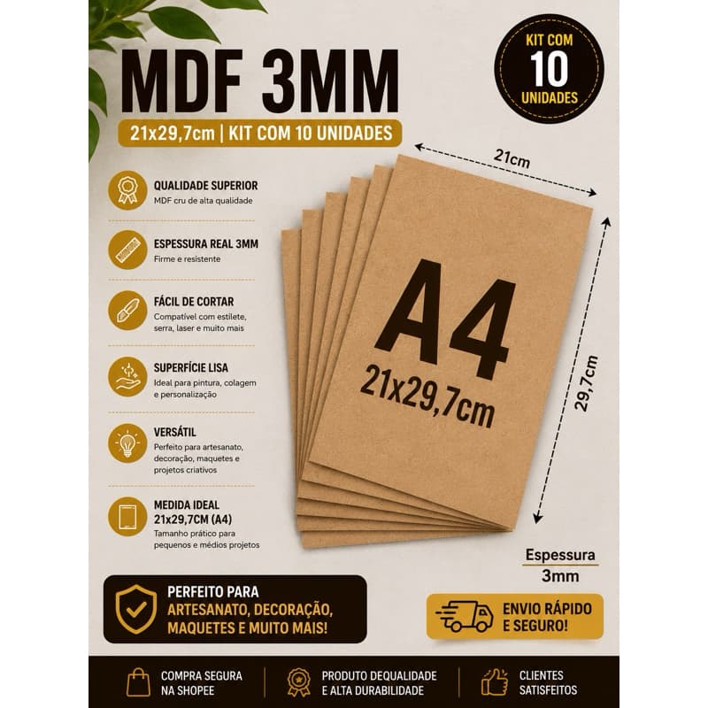 Kit 10 Placas MDF Cru 3mm 21x29,7cm para Artesanato e DIY Faça Você Mesmo