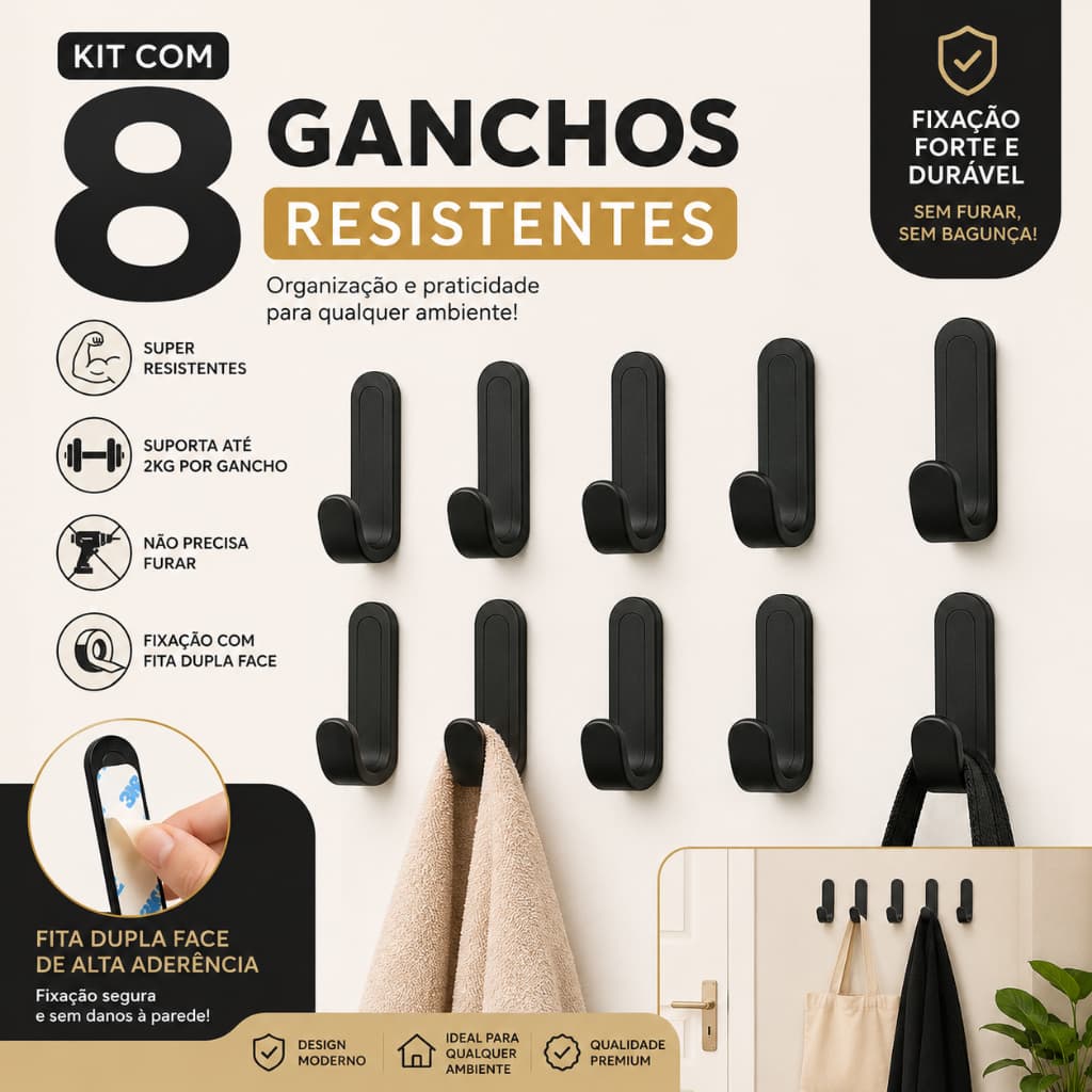 Kit 8 Ganchos Adesivos Resistentes – Fixação Dupla Face, Multiuso e Organização sem Furo