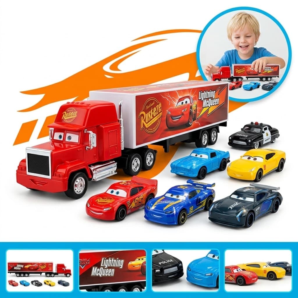 Kit 6 Carrinhos Relâmpago Mcqueen Disney Carros com caminhão Coleção
