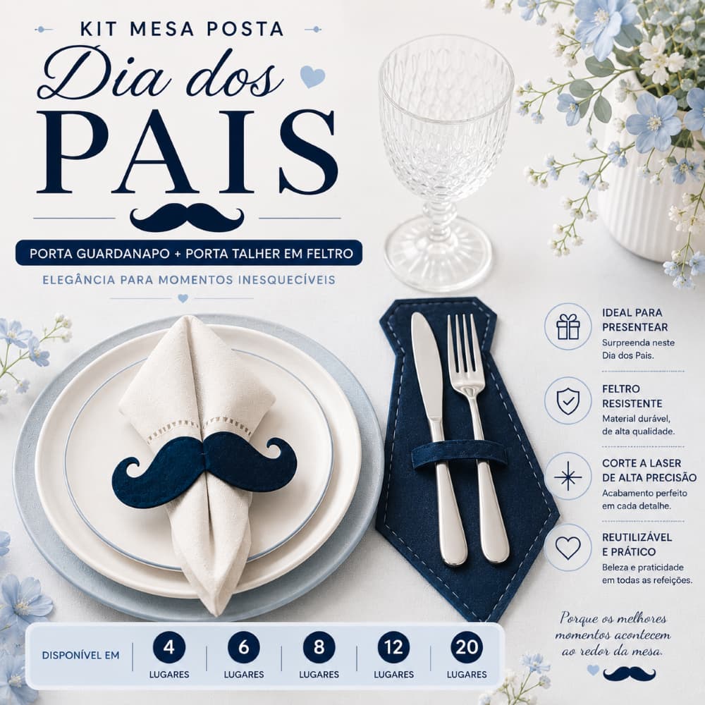 Kit Porta Guardanapo Bigode e Porta Talher Gravata Dia dos Pais | Mesa Posta | Feltro | 4, 6, 8, 12 e 20 Lugares