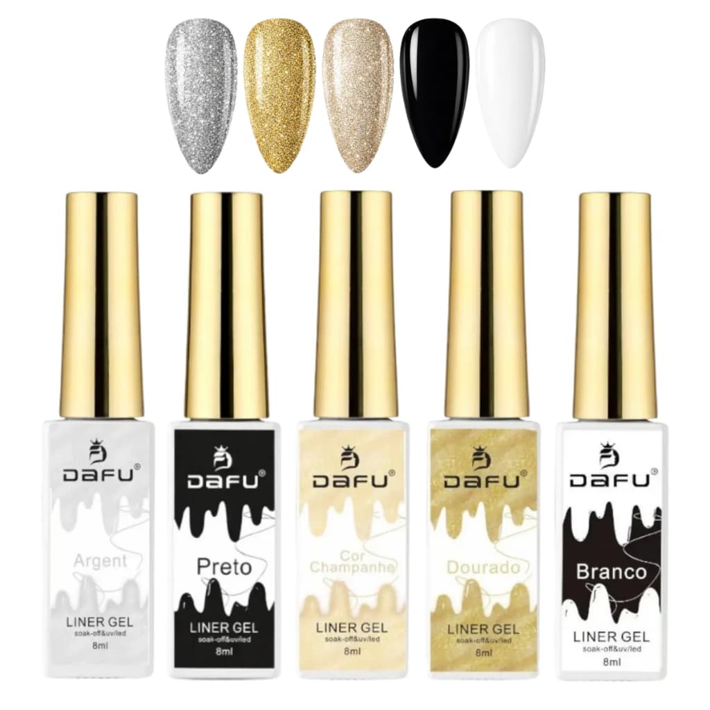 Kit Esmalte Line Gel Dafu Dourado Prata Branco Preto Champagne Seca Cabine UvLed Nail Design SEM TPO