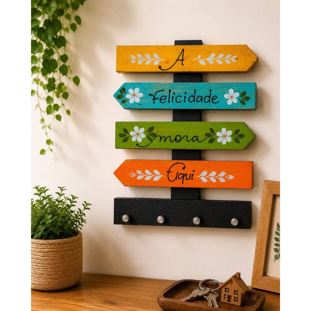 Porta Chaves de Parede Decorativo Rustico Madeira 4 Ganchos Artesanal 27,5x20cm