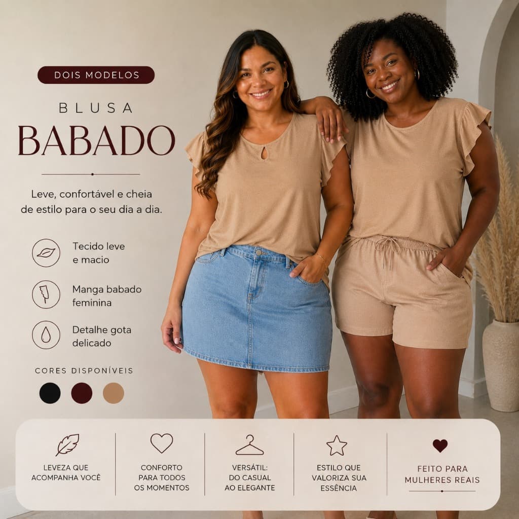 Blusa Feminina Babado Premium – Decote Gota ou Redondo Plus Size