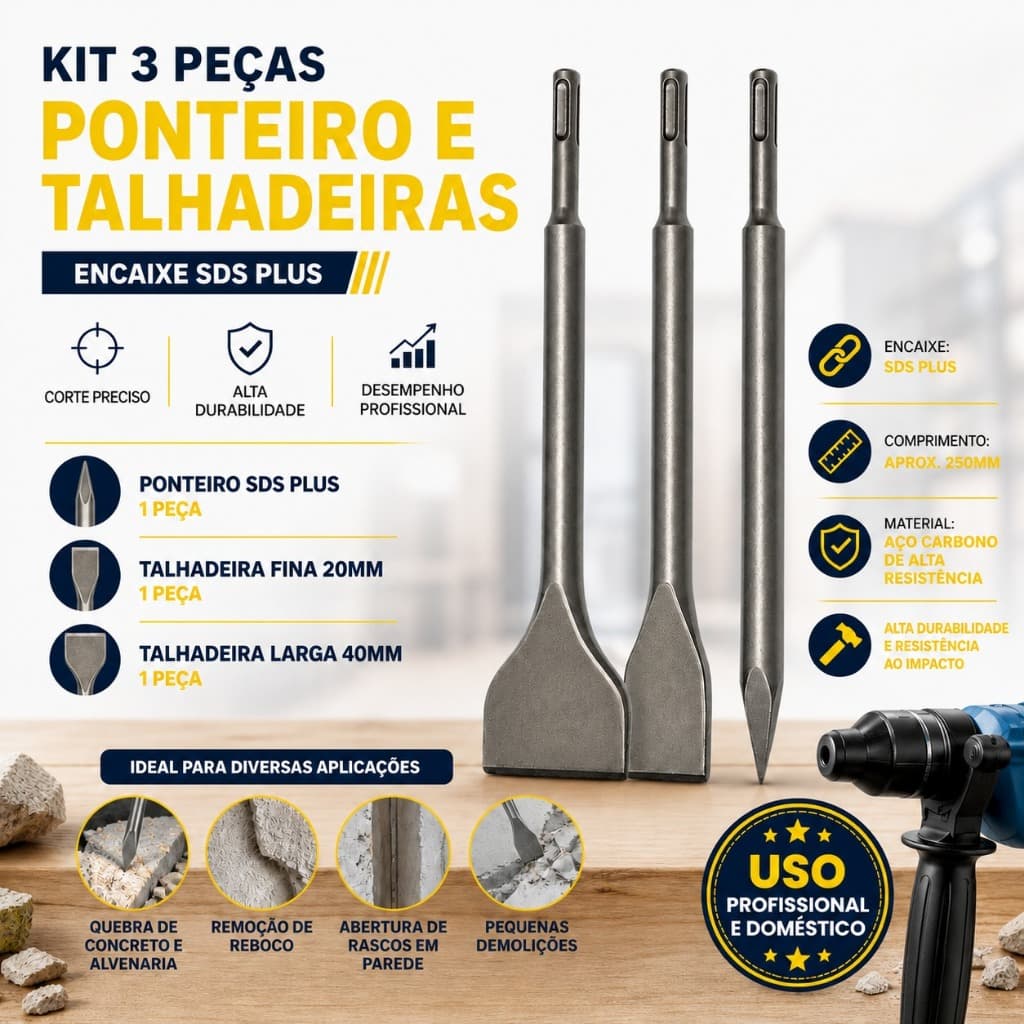 Kit 3 Pçs Talhadeiras E Ponteiro Sds Plus 250mm para martelete