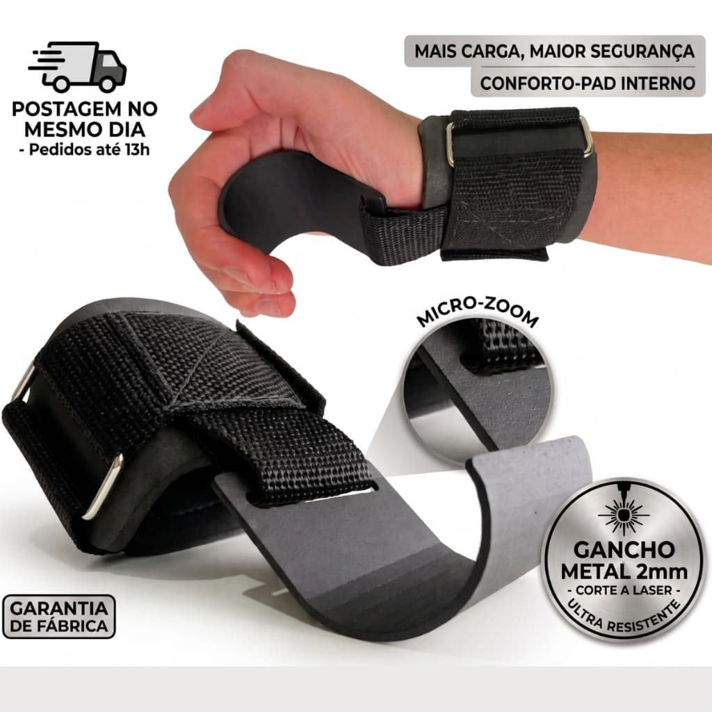 Par Strap Gancho Metal Academia Musculação Treino Costas Preto Munhequeira Ajustavel