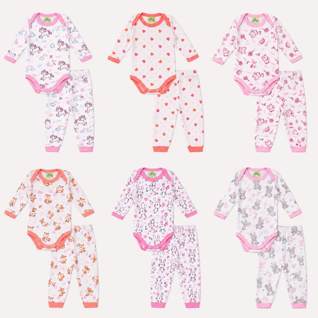 Kit 10 Peças Roupa de Bebê Menina Body Manga Longa + Calça Estampado Algodão P M G