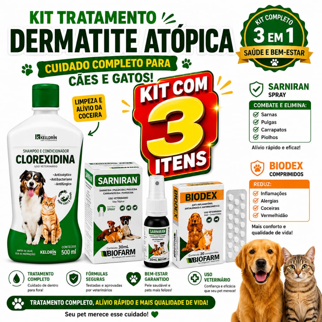 Kit Shampoo Clorexidina 5 em 1 - 500ml - Kelldrin + Biodex 20 Comprimidos + Sarniran 30ml