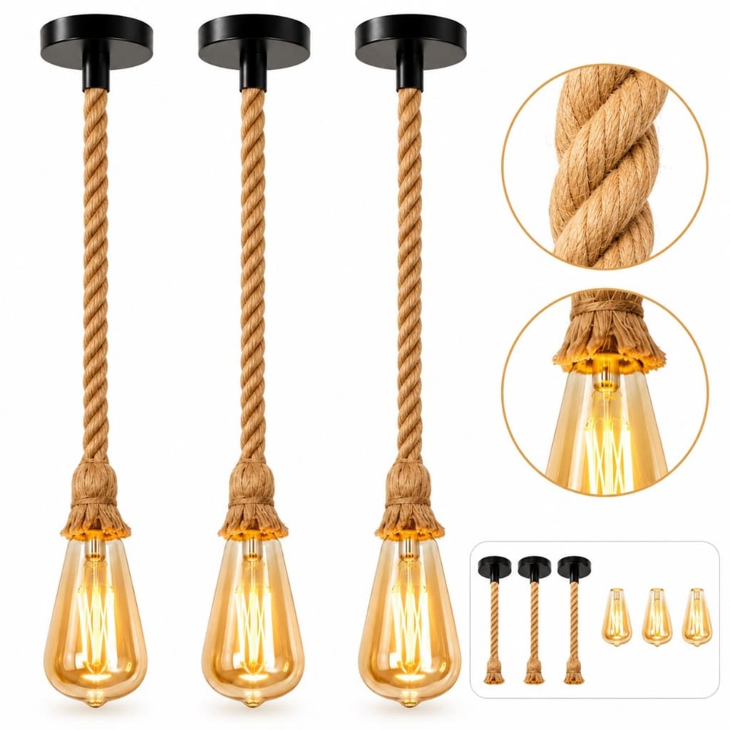 Kit Pendente Corda Rústico ST64 3 Pendentes 1m + 3 Lâmpadas ST64 Vintage Decorativo