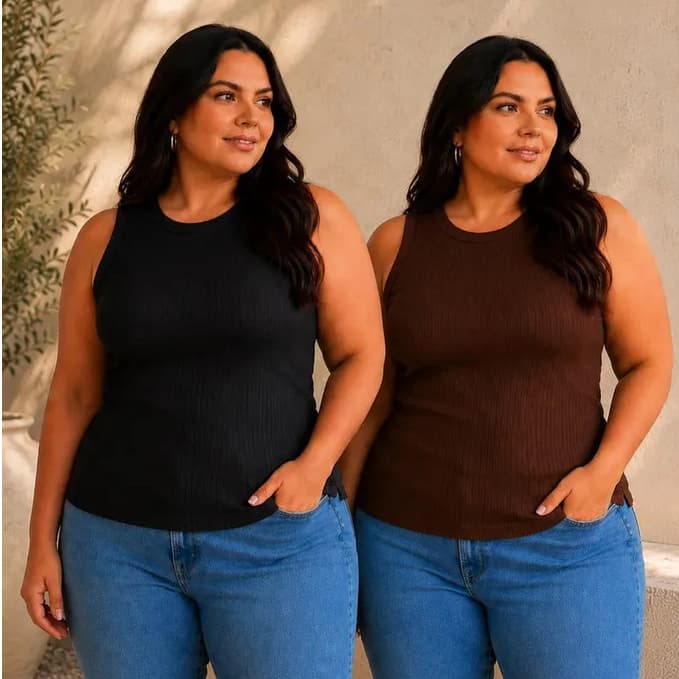 Kit 2 Blusas Regata Feminina Plus Size Canelada Alça Tampa Sutiã Blusinha Blogueira G1 G2 G3