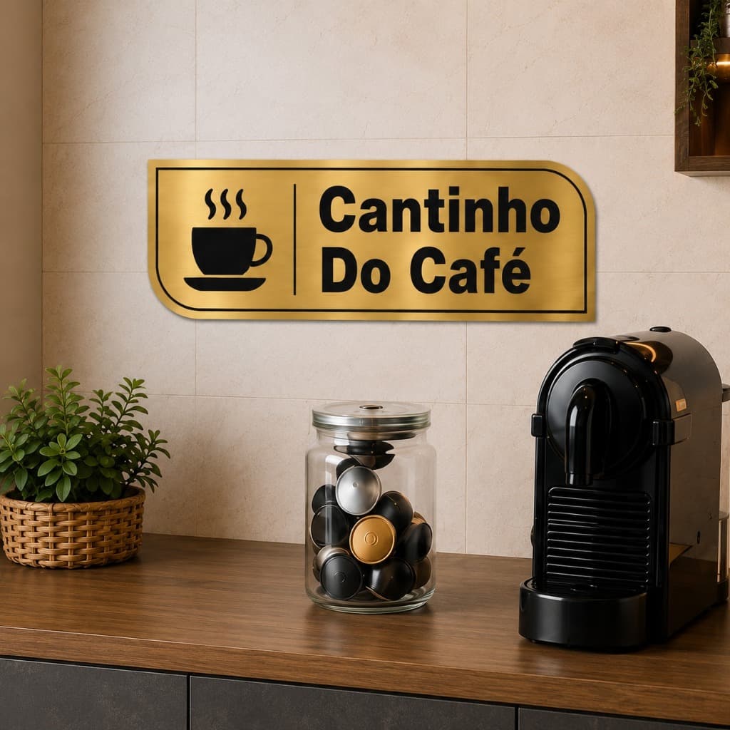 Placa Decorativa Cantinho do Café Dourada em  cm com Fita Dupla Face