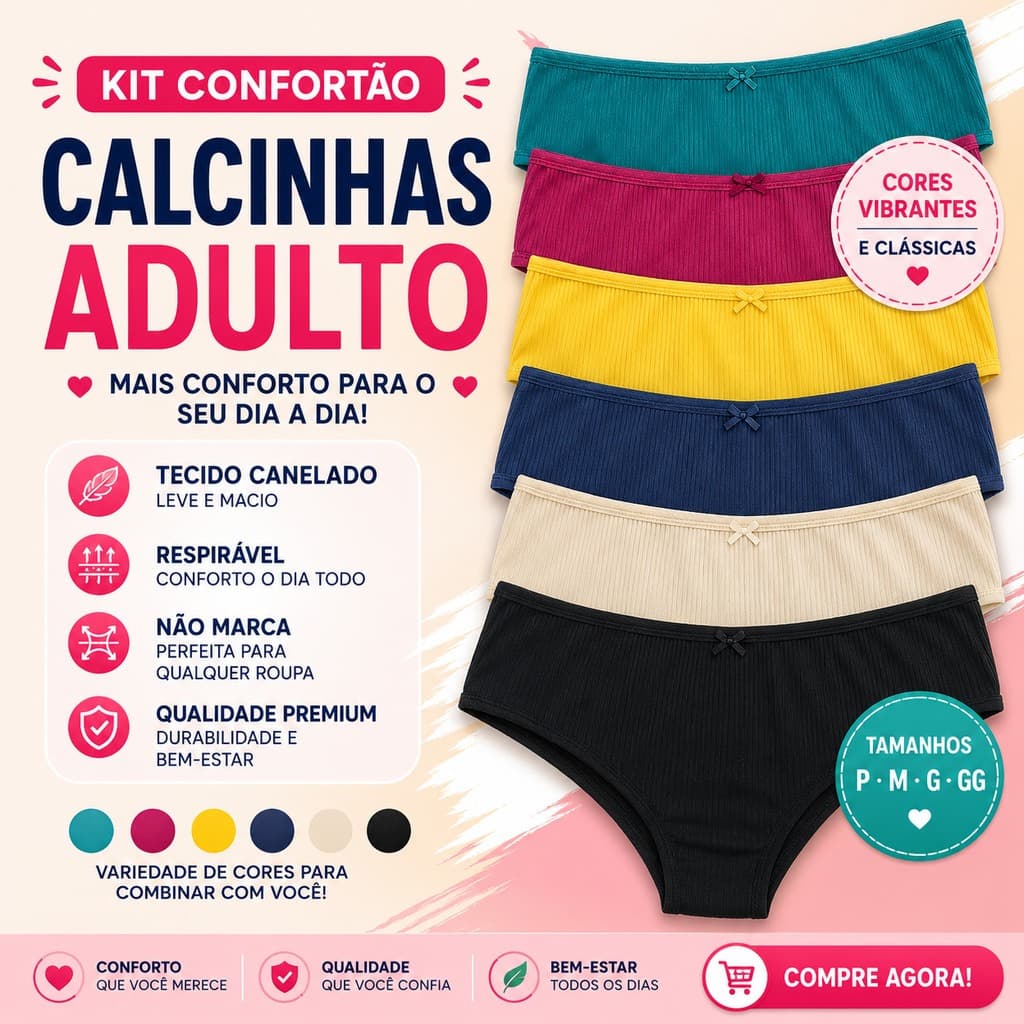 Kit 3 Calcinhas Adulto Viscose Canelada Conforto Diário Cores Variadas