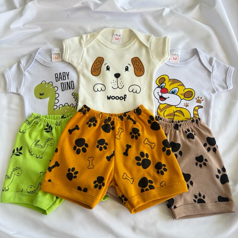 Kit 6 Peças Conjunto Infantil Bebê (3 Body + 3 Short) Estampado Temático Animais (P,M e G)/ Malha Suedine 100% Algodão