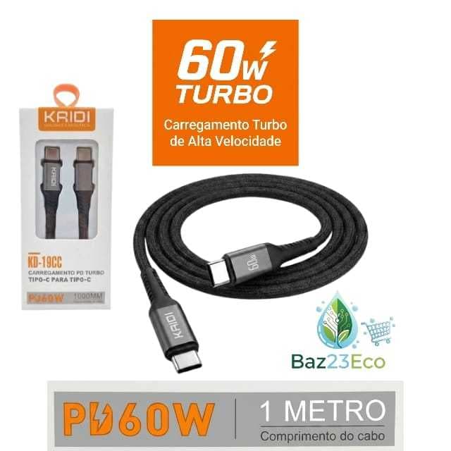 Cabo Tipo C para Tipo C Kaidi PD 60W Reforçado Carregamento Rápido Turbo 1 Metro Compatível Equipamentos Tipo C