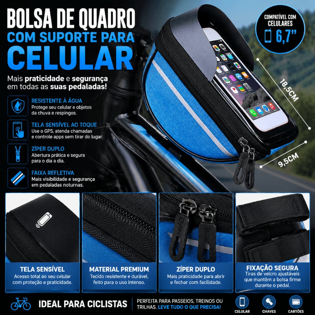 Bolsa Guidão Bicicleta Impermeável Com Suporte Para Celular Touch Bike Kapbom