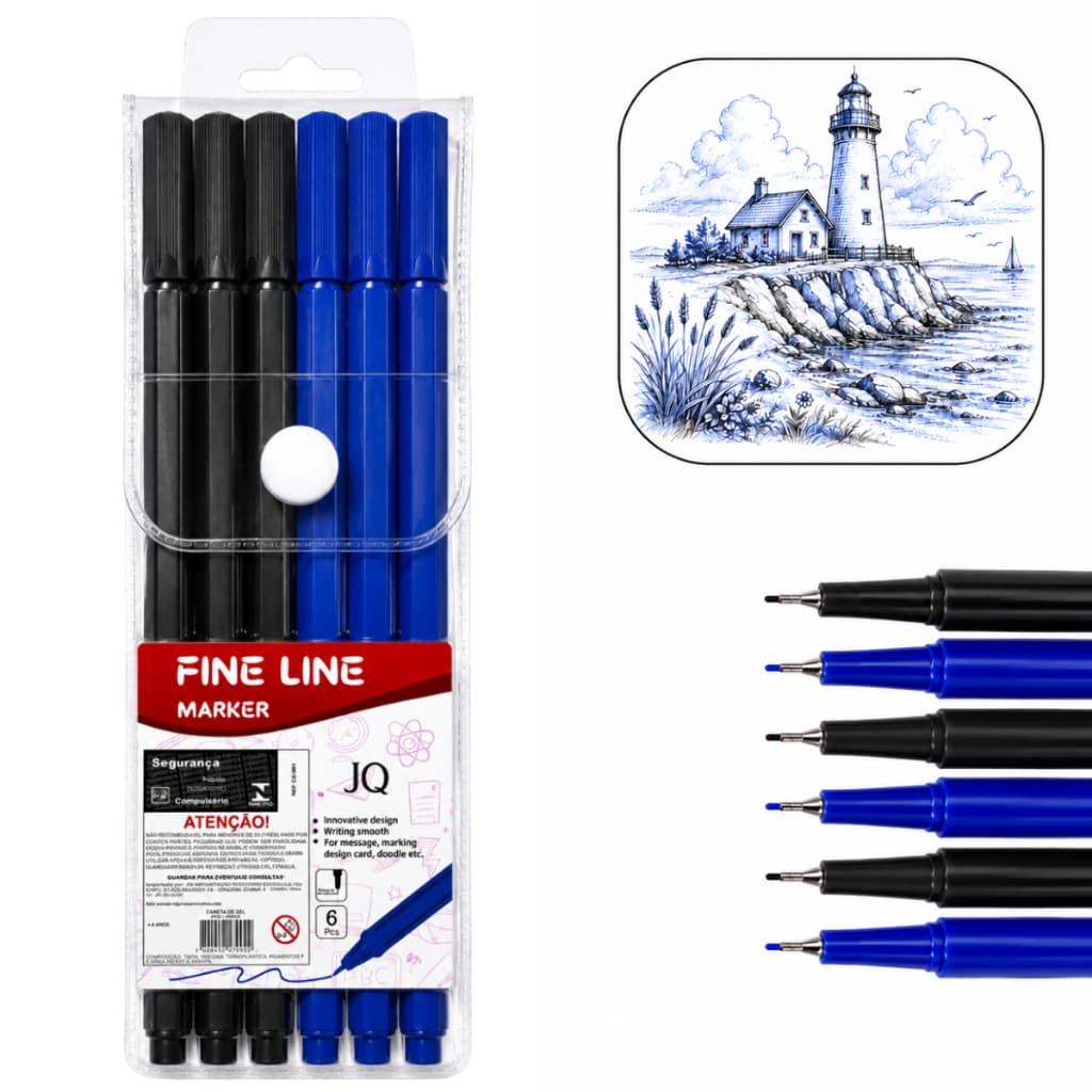 Kit 6 Canetas Fine Line Cor Preta Azul Ponta Fina 0.4mm Desenho Técnico Material Escolar Escritório