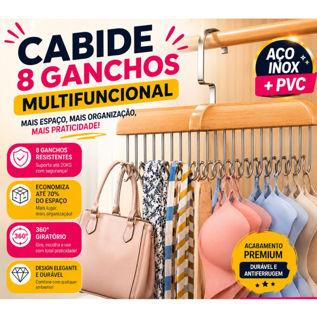 Cabide Multifuncional Pvc e Aço Inox 8 Gancho Multiuso Para Organizar Cintos Gravatas  Sutiãs Colares