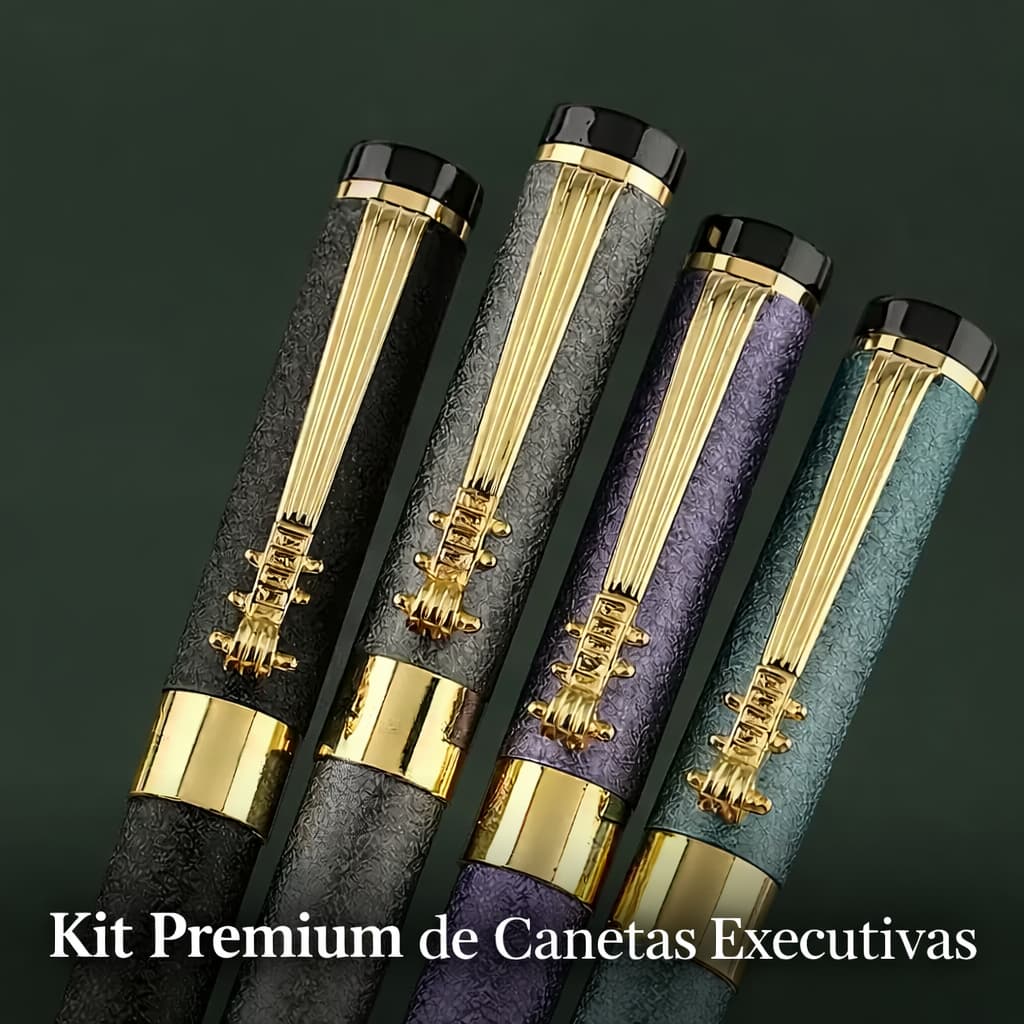 Kit 4 Canetas Executivas Luxo – Preto, Cinza, Roxo e Verde com Detalhes Dourados