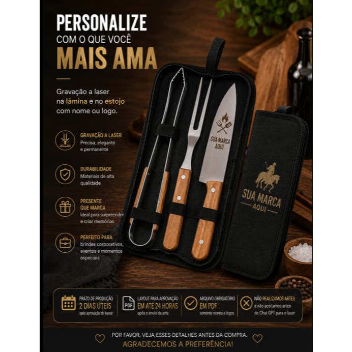 Kit Churrasco 3 Peças Personalizado a Laser | Brinde Corporativo | Presente para dias dos pais