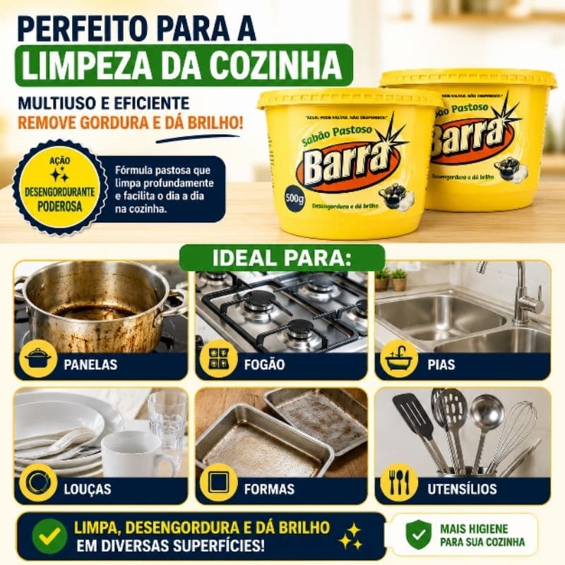 Sabão Pastoso Barra 500g Desengordurante Limpeza Pesada Panelas e Louças