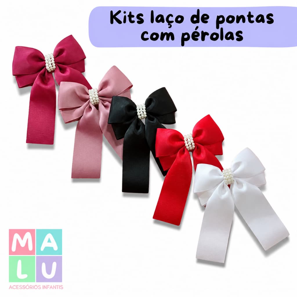 Kits com 2, 3, 4 ou 5 laços tendência de pontas com pérolas para cabelos de crianças. Infantil/adulto no bico de pato