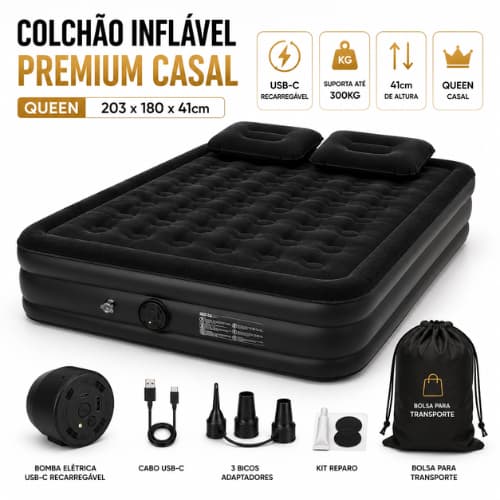 Colchão Inflável Queen Casal Premium 203x180x41cm Bomba Elétrica USB-C Recarregável 2 Travesseiros Infla Rápido