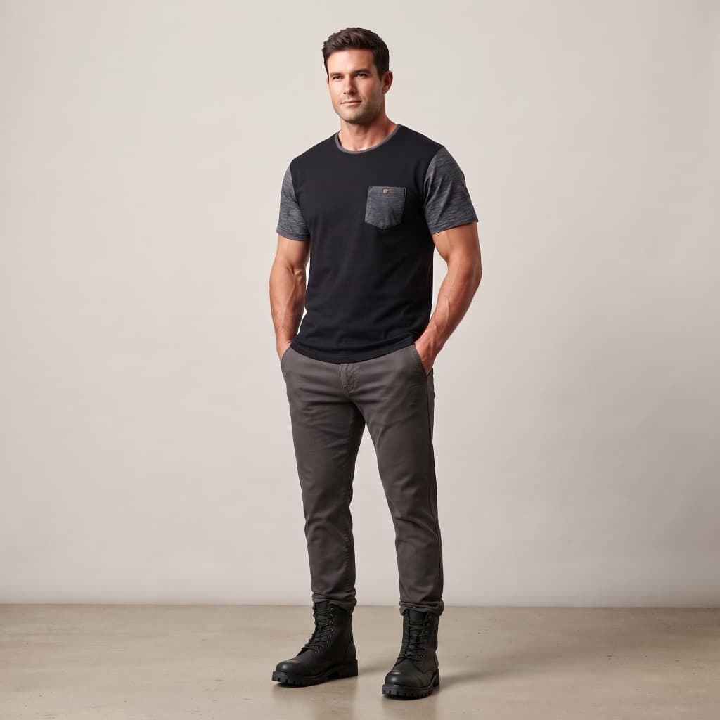 Camiseta Masculina Casual Dia a Dia Preta Manga Curta Mescla Cinza com Bolso Gola Redonda
