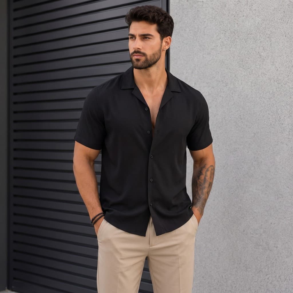 Camisa Masculina Manga Curta Social Casual Gola Cubana Slim Fit Algodao Viscose