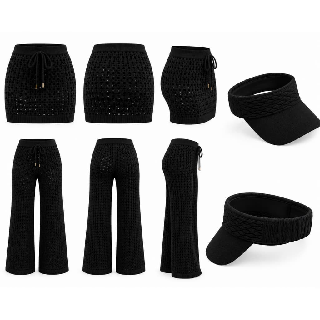 Kit Praia Feminino 3 Peças Tricô Saia Curta Calça Viseira Moda Verão Premium Confortável Elegante Versátil Para Praia Pi