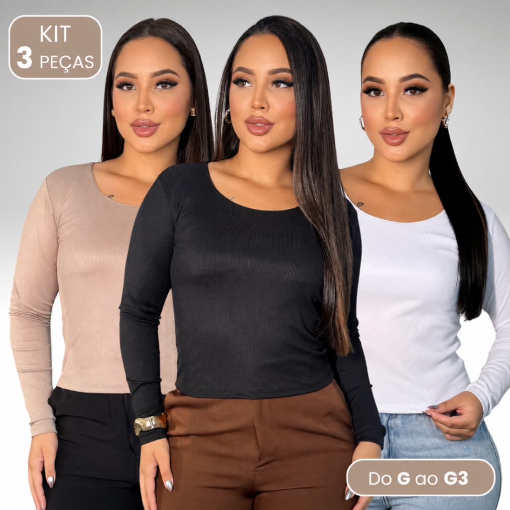 Kit 3 Blusas De Frio Feminina Básica Gola em U Manga Comprida Elegante