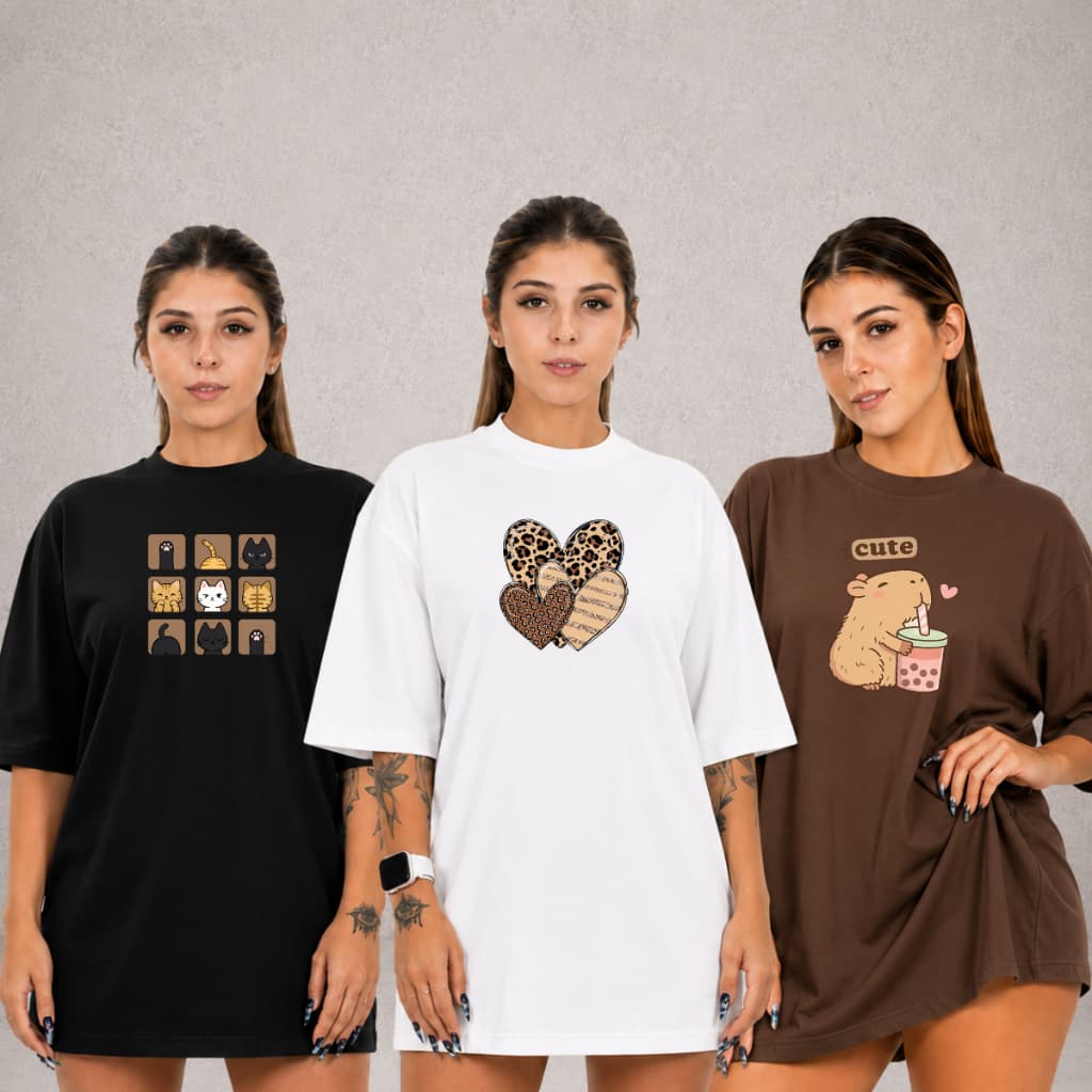 Kit 3 T -Shirt Feminina Plus Estanpado Ktf10 Size P ao G5 Camiseta Blusinha Linda e Confortável Algodão Premium