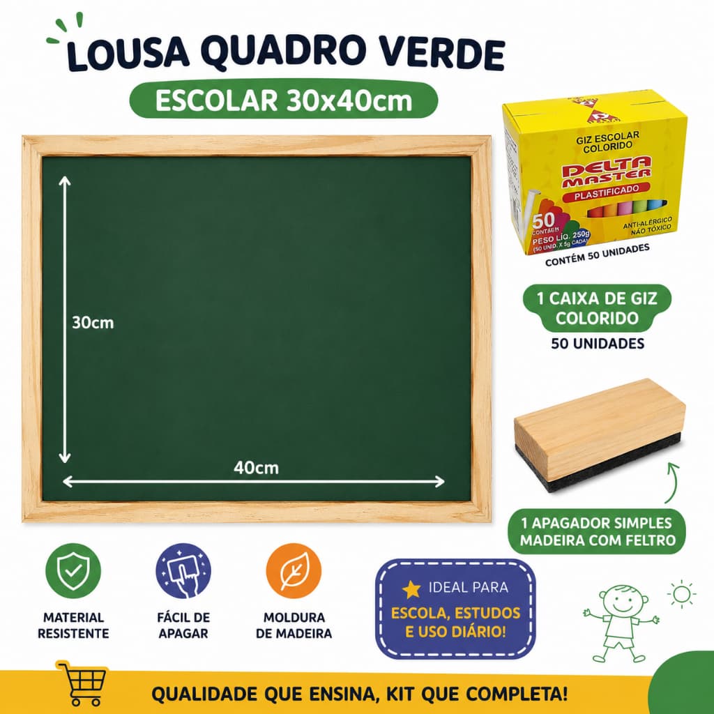 Lousa Escolar Verde 40x30cm + Apagador + Caixa 50 Giz Colorido Infantil Quadro para Desenho e Escrita