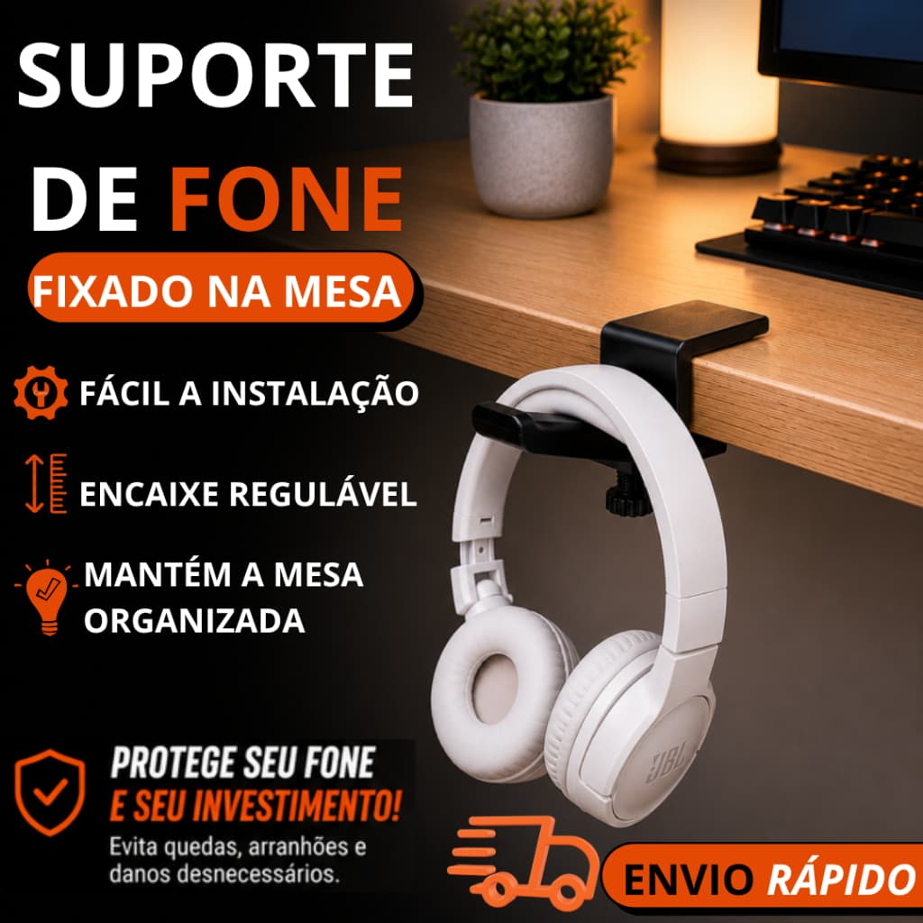 Suporte  Fone Headset Mesa Ajustável Organizador  Mesa Fixação  Rosca Preto Branco Universal